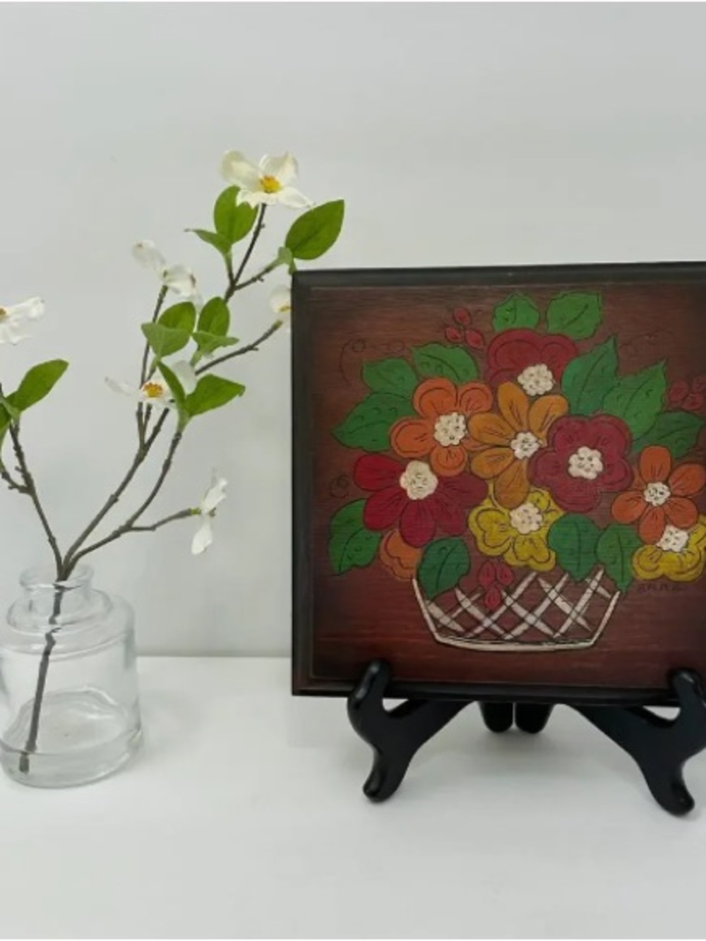 Vintage Original Painting Basket of Flowers